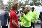 Allison Curbishley interviews Ceri Rees after his victory in the Kielder Marathon. Photo: David T. Hewitson/Sports for All Pics